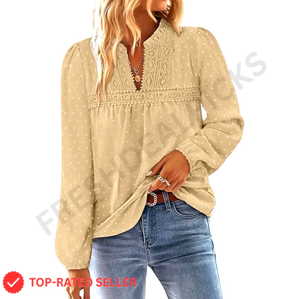 Boho Swiss Dot Tunic Blouse Long Sleeve Loose Fit V-Neck Peasant Top